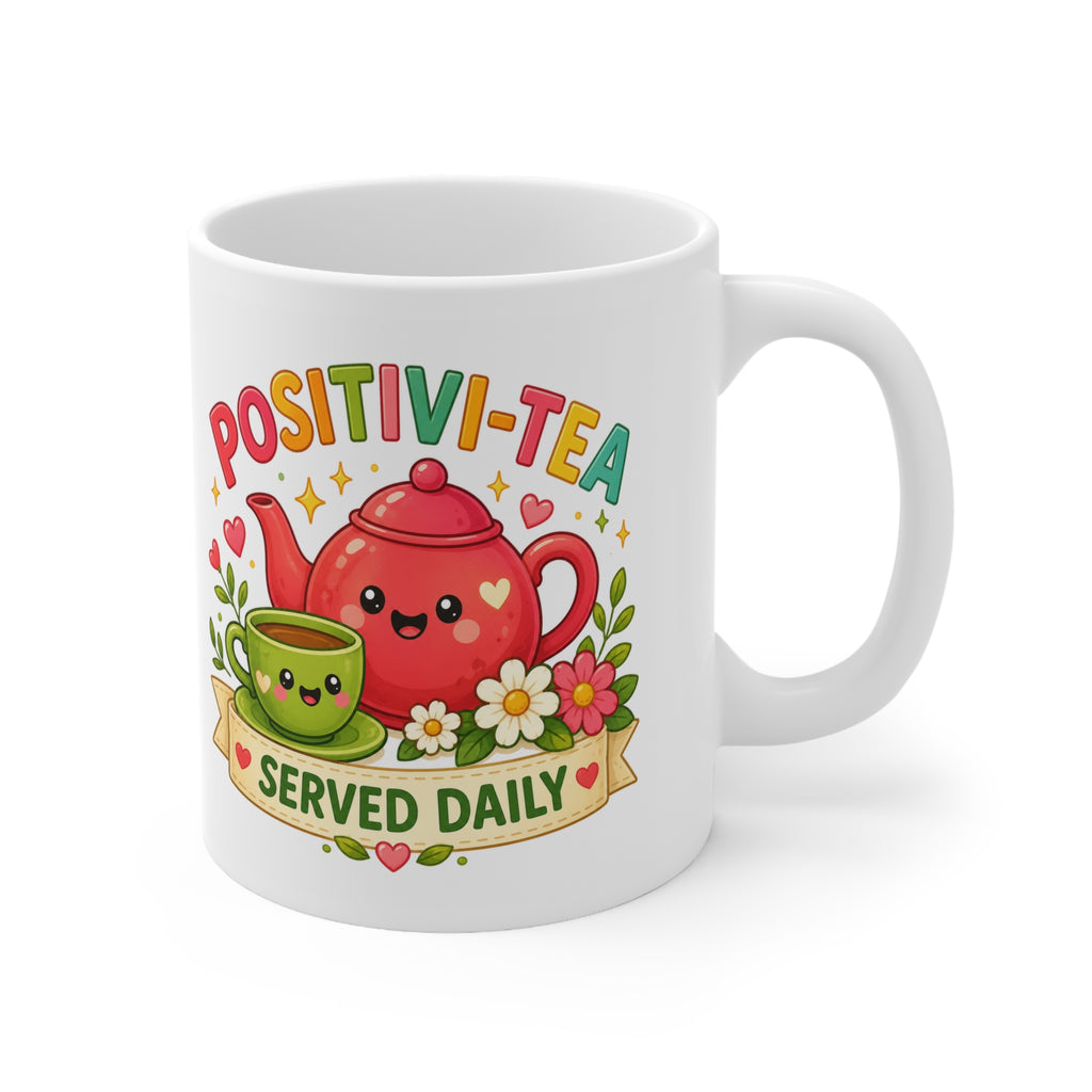 Positivi-Tea Mug — Cute Kawaii Teapot & Cup “Positivi-Tea Served Daily” Ceramic Coffee Cup