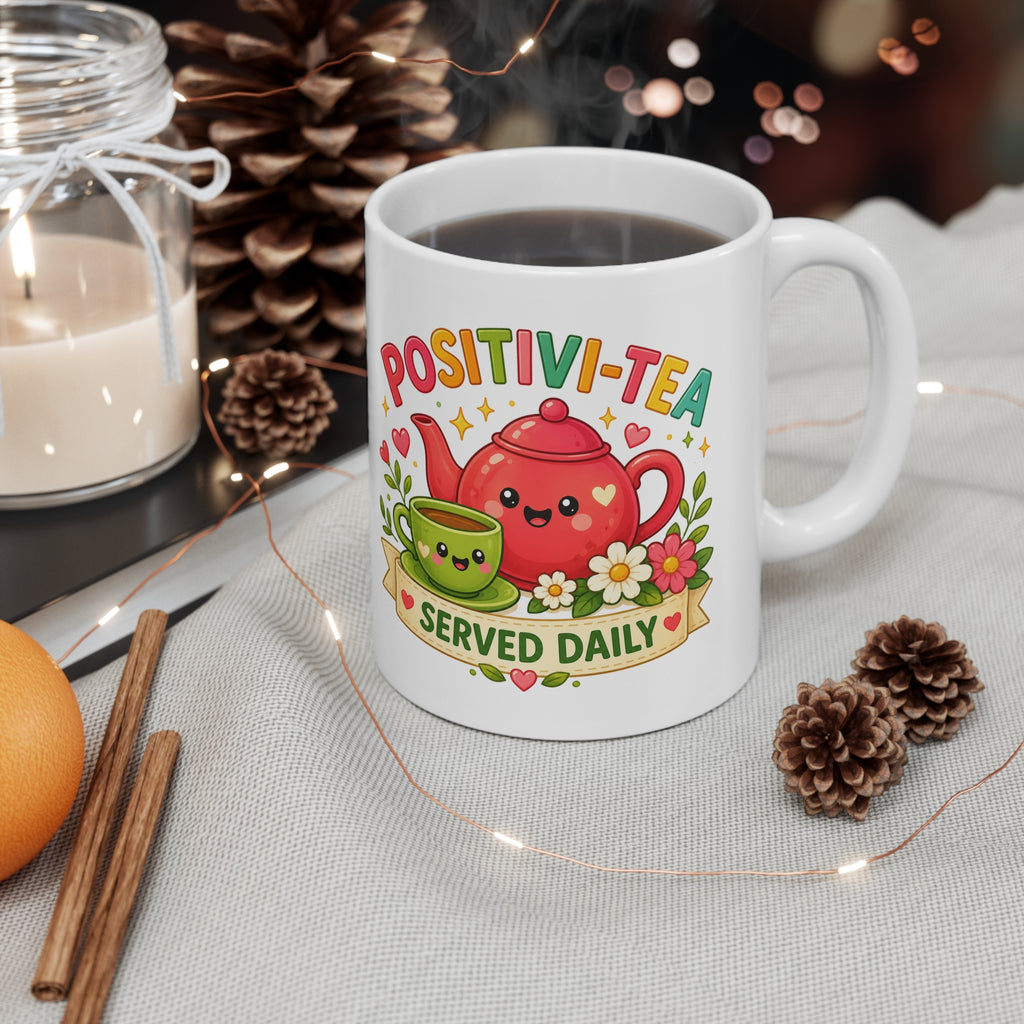 Positivi-Tea Mug — Cute Kawaii Teapot & Cup “Positivi-Tea Served Daily” Ceramic Coffee Cup