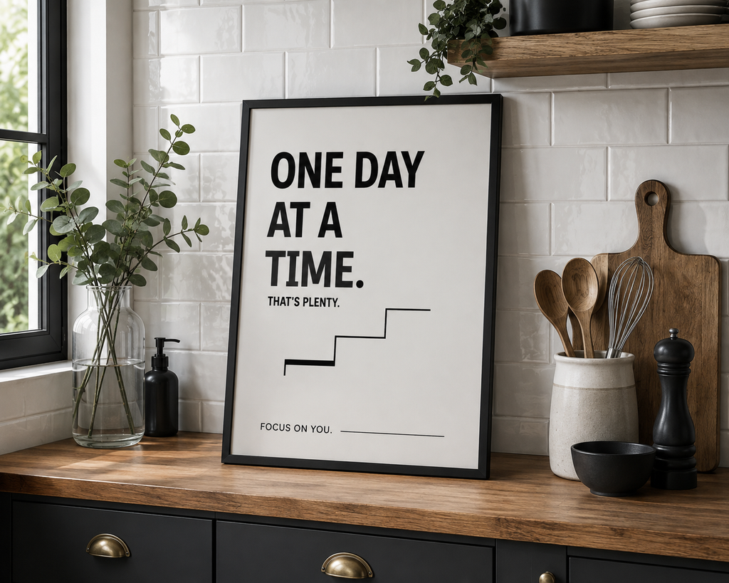 One Day At A Time Monochrome Motivational Poster | Positive Minimalist Wall Art Print