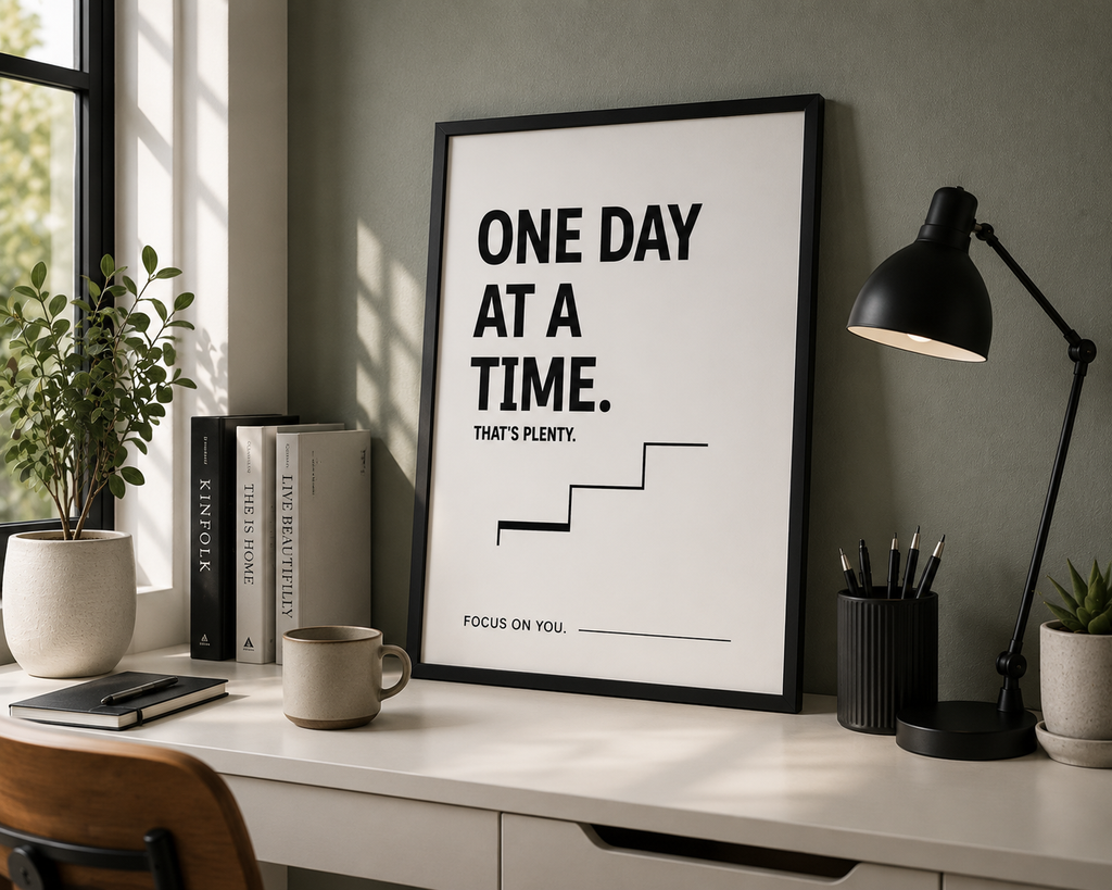 One Day At A Time Monochrome Motivational Poster | Positive Minimalist Wall Art Print