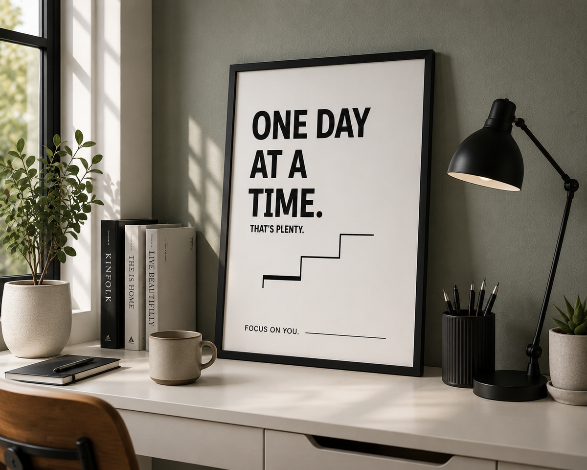 One Day At A Time Monochrome Motivational Poster | Positive Minimalist Wall Art Print