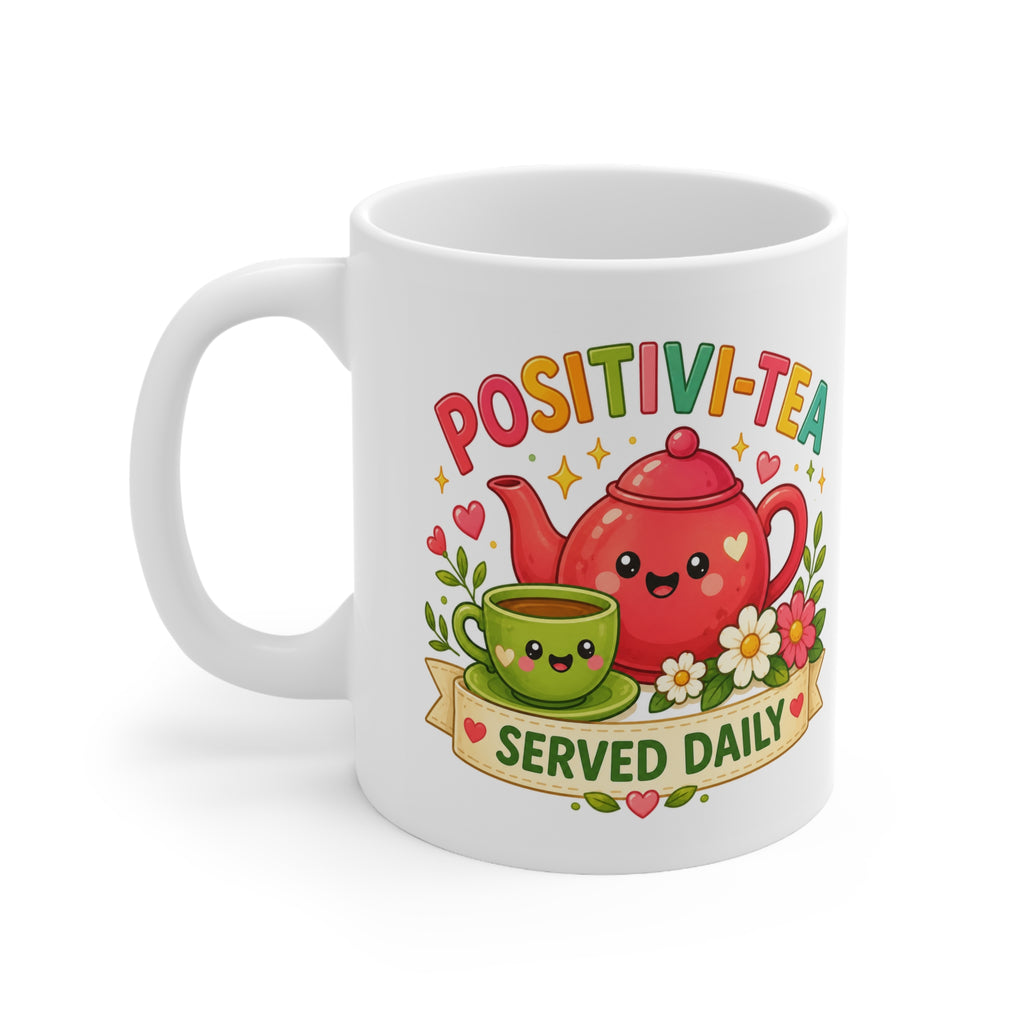 Positivi-Tea Mug — Cute Kawaii Teapot & Cup “Positivi-Tea Served Daily” Ceramic Coffee Cup