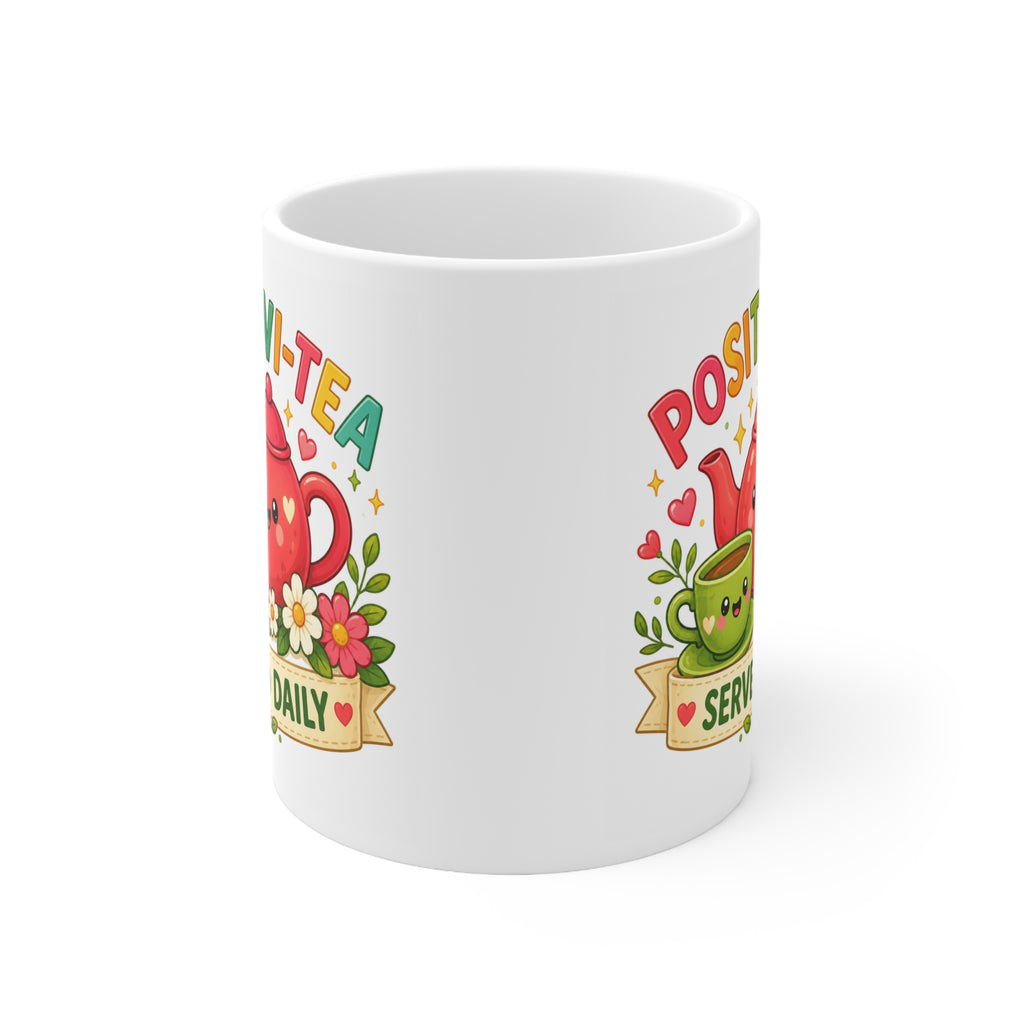 Positivi-Tea Mug — Cute Kawaii Teapot & Cup “Positivi-Tea Served Daily” Ceramic Coffee Cup