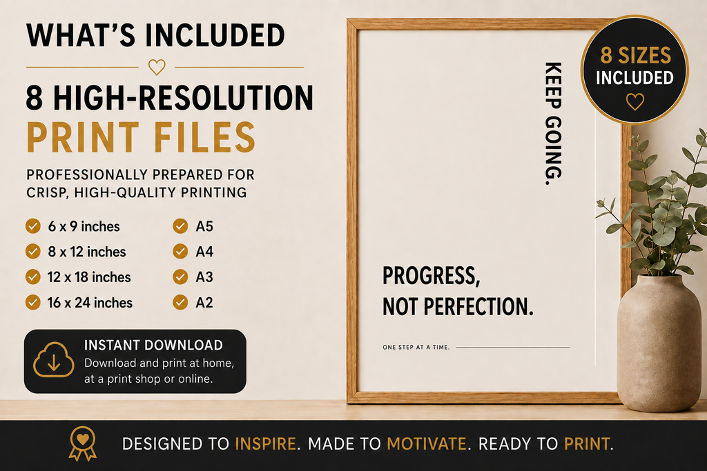 Progress Not Perfection Monochrome Printable Wall Art | Digital Download